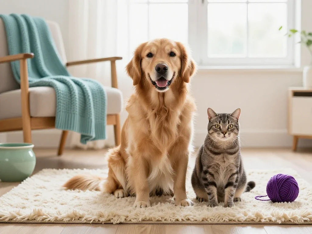 Un chien et un chat assis côte à côte dans la lumière douce d'un salon chaleureux.